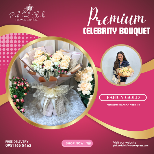Bouquet of imported China rose and spray rose in silver and gold two-tone wrap — elegant and luxurious floral arrangement