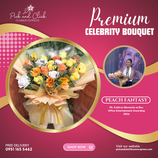 Bouquet of imported China rose, gerbera, and parvy leaves in soft peach wrap — charming and fresh floral arrangement