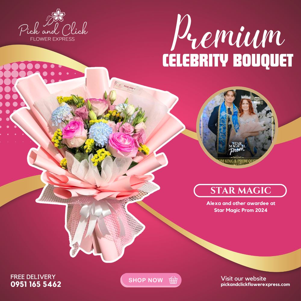 Bouquet of China pink rose, Wonder White, lisianthus, and yellow statice in pink wrap with white net — soft and charming floral gift