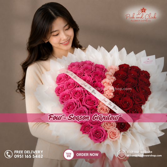 Four-Season Grandeur Bouquet featuring 60 premium roses in hot pink, fuchsia pink, peach, and red, arranged in a luxurious floral design with vibrant multicolor tones, a breathtaking statement bouquet perfect for anniversaries, birthdays, grand celebrations, romantic gifts, and special occasions in the Philippines.