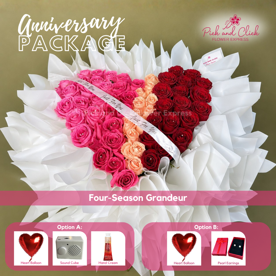 Four-Season Grandeur Premium Anniversary Package featuring 60 Imported Roses in Red, Light Pink, Hot Pink, and Fuchsia Pink with thoughtful anniversary gift add-ons in the Philippines.