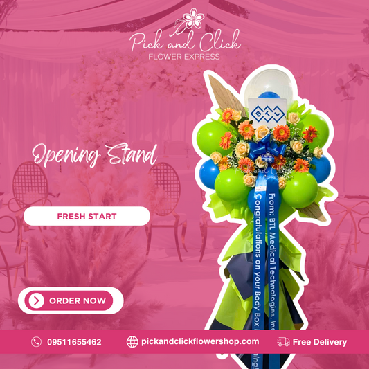 Fresh Start Opening Stand featuring a green and blue themed floral arrangement with balloons, a vibrant and refreshing display designed to celebrate grand openings, business launches, and special events in the Philippines.