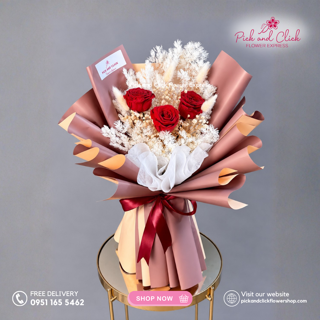 Frosted Ruby Dried Bouquet featuring Preserved Roses accented with Dried Gypso, Retro, and Bunny Tail in an elegant red dried flower arrangement in the Philippines.