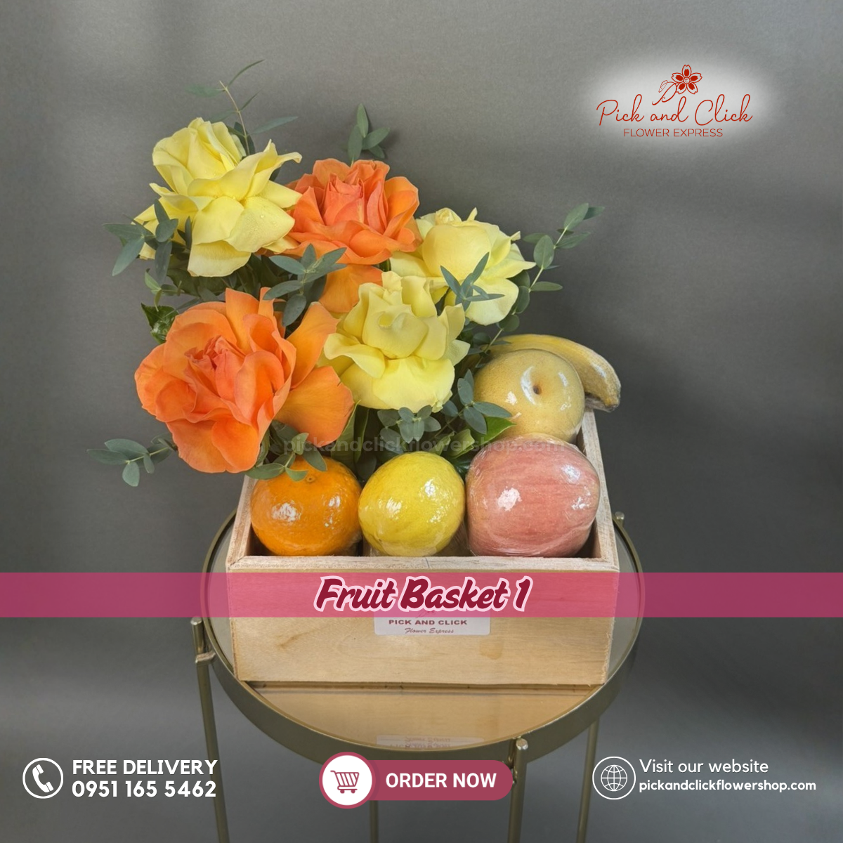 Fruit Basket 1 featuring fresh apples, oranges, bananas, pears, lemons, yellow roses, orange roses, and fresh parvi leaves arranged in a vibrant gift basket, a cheerful and thoughtful gift perfect for birthdays, get well wishes, congratulations, corporate gifting, and special occasions in the Philippines.