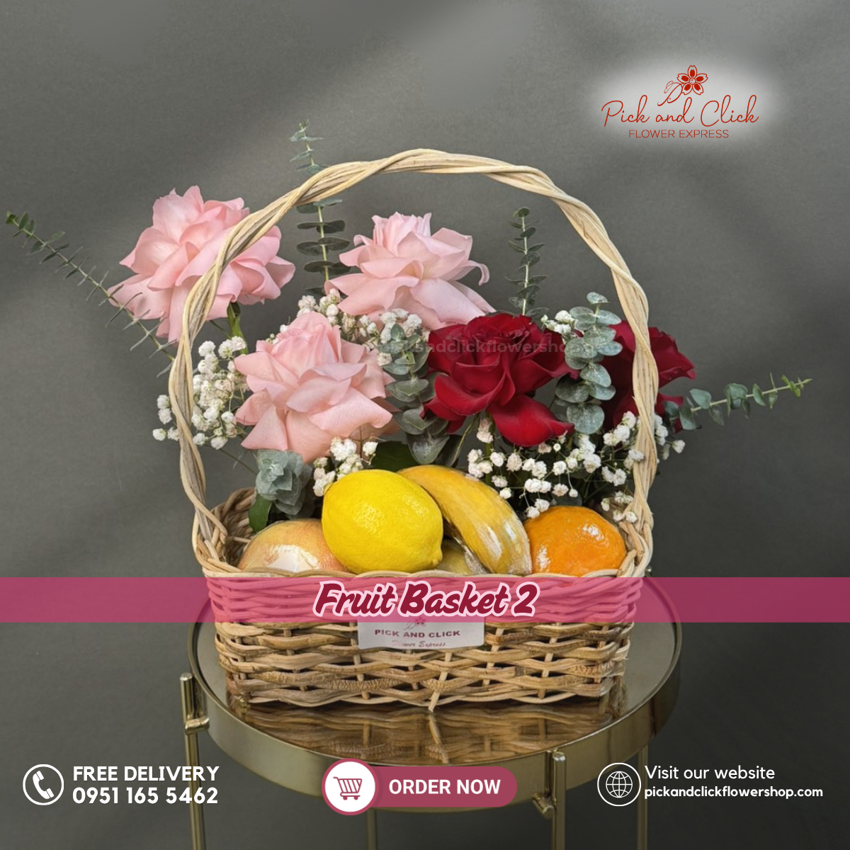 Fruit Basket 2 featuring fresh apples, oranges, bananas, pears, lemons, red roses, pink roses, delicate gypsophila, and fresh eucalyptus arranged in an elegant gift basket, a thoughtful and premium gift perfect for birthdays, get well wishes, congratulations, corporate gifting, and special occasions in the Philippines.
