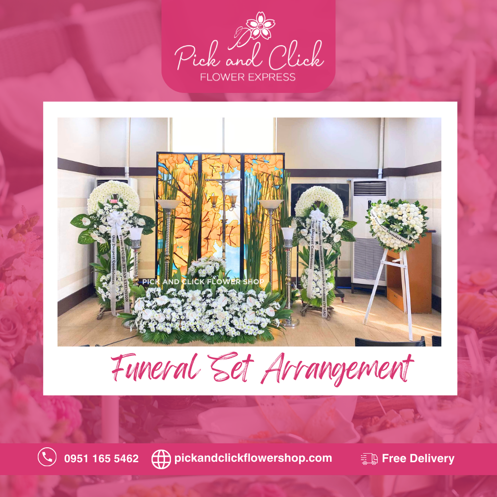 Funeral Set featuring radus, white roses, Korean roses, wonder white, anthuriums, Casa Blanca lilies, anahaw, bakya leaves, greenline leaves, and rosal, a grand and elegant sympathy floral arrangement designed as a respectful tribute for funerals and memorial services in the Philippines.
