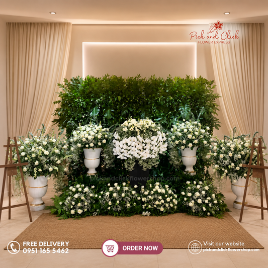 Funeral Set 2 for Urn featuring white roses, phalaenopsis orchids, white gerberas, gypsophila, tibatib leaves, and pistil leaves, a serene and elegant sympathy floral arrangement designed for urn settings and respectful memorial tributes in the Philippines.