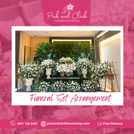 Funeral Set 2 for Urn featuring white roses, phalaenopsis orchids, white gerberas, gypsophila, tibatib leaves, and pistil leaves, a serene and elegant sympathy floral arrangement designed for urn settings and respectful memorial tributes in the Philippines.