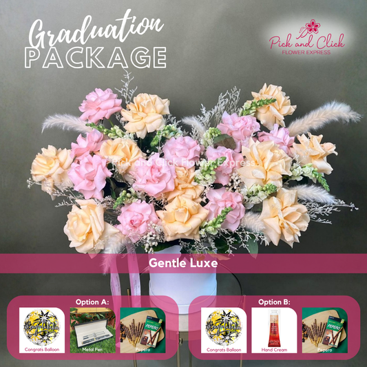Gentle Luxe Graduation Pack featuring light pink roses, peach roses, misty white, snapdragons, and pampas arranged in an elegant round box with graduation gift add ons, a luxurious floral arrangement perfect for graduation ceremonies, achievements, and memorable celebrations in the Philippines.