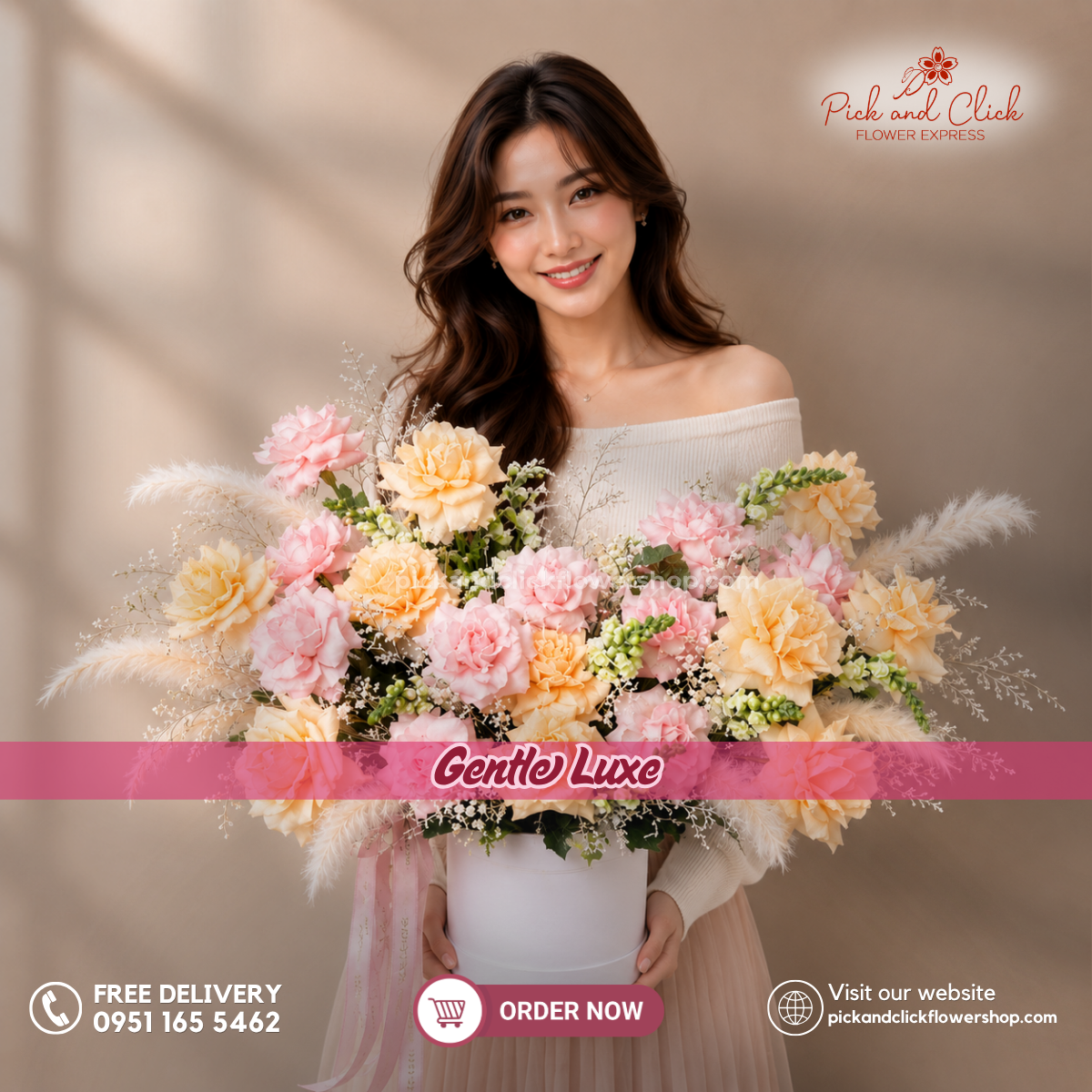 Gentle Luxe Vase Arrangement featuring imported light pink roses, imported peach roses, snapdragons, dried misty white, pampas, and rosal, beautifully arranged in a premium vase with soft pink, peach, cream, and natural green tones, a luxurious floral centerpiece perfect for birthdays, anniversaries, weddings, housewarmings, and special occasions in the Philippines.