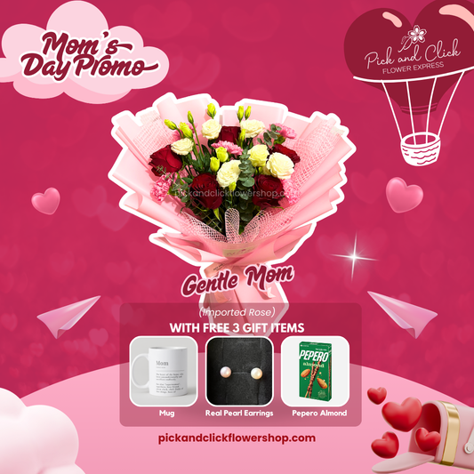 Bouquet of imported red roses, carnations, and eucalyptus in pink wrap — a perfect gift for a gentle and loving mom