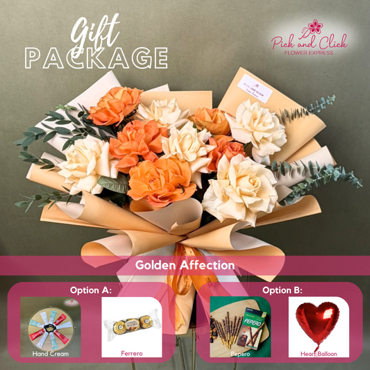 Golden Affection bouquet featuring peach and orange roses with parvi leaves and eucalyptus arranged in an elegant gift package with optional add ons.