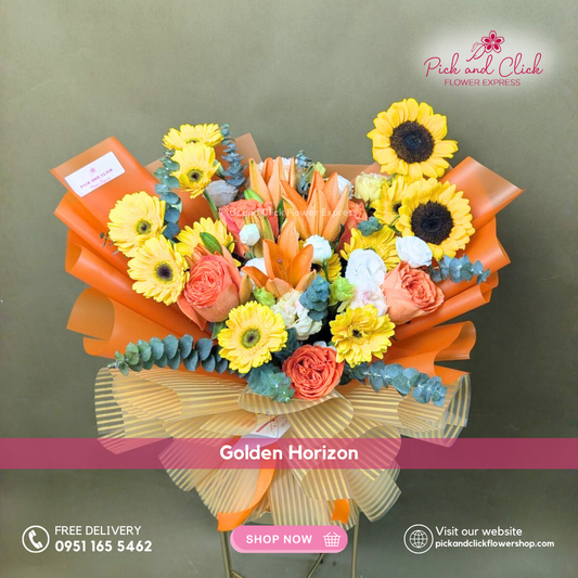 Golden Horizon Bouquet featuring sunflowers, yellow gerberas, orange roses, orange stargazers, white and peach lisianthus, and fresh eucalyptus in an elegant hand bouquet, perfect for celebrations and premium gifting.