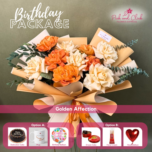 Golden Affection Birthday Package featuring 5 peach roses, 5 orange roses, eucalyptus, and parvi leaves with your choice of birthday gift add-ons.