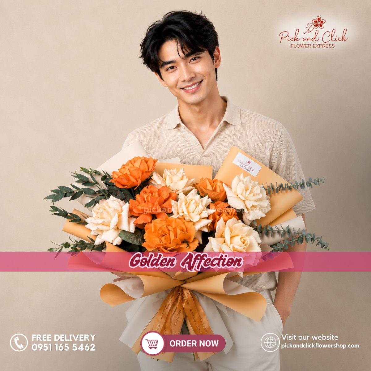 Golden Affection Bouquet featuring orange roses, peach roses, and fresh parvi leaves, arranged in an elegant floral design with warm orange, soft peach, and fresh green tones, a cheerful and sophisticated bouquet perfect for birthdays, anniversaries, congratulations, and special occasions in the Philippines.