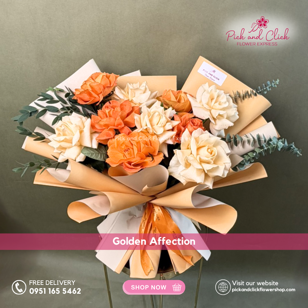 Golden Affection Bouquet featuring orange and peach roses accented with fresh parvi leaves, a warm and elegant floral arrangement perfect for romantic gifts, birthdays, anniversaries, and special occasions in the Philippines.
