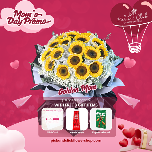 Golden Mom bouquet featuring 20 sunflowers with gypsophila and eucalyptus, including free mini card, hand cream, and Pepero Almond as a cheerful Mother’s Day gift.