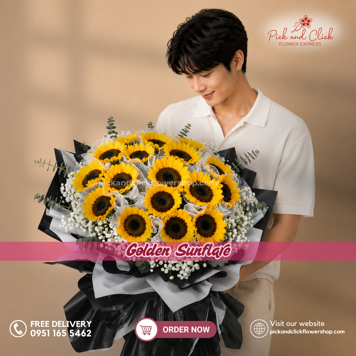 Golden Sunflare Bouquet featuring 20 vibrant sunflowers accented with delicate gypsophila and fresh eucalyptus, arranged in an elegant floral design with golden yellow blooms and fresh green accents, a bright and cheerful bouquet perfect for birthdays, congratulations, celebrations, graduations, and special occasions in the Philippines.