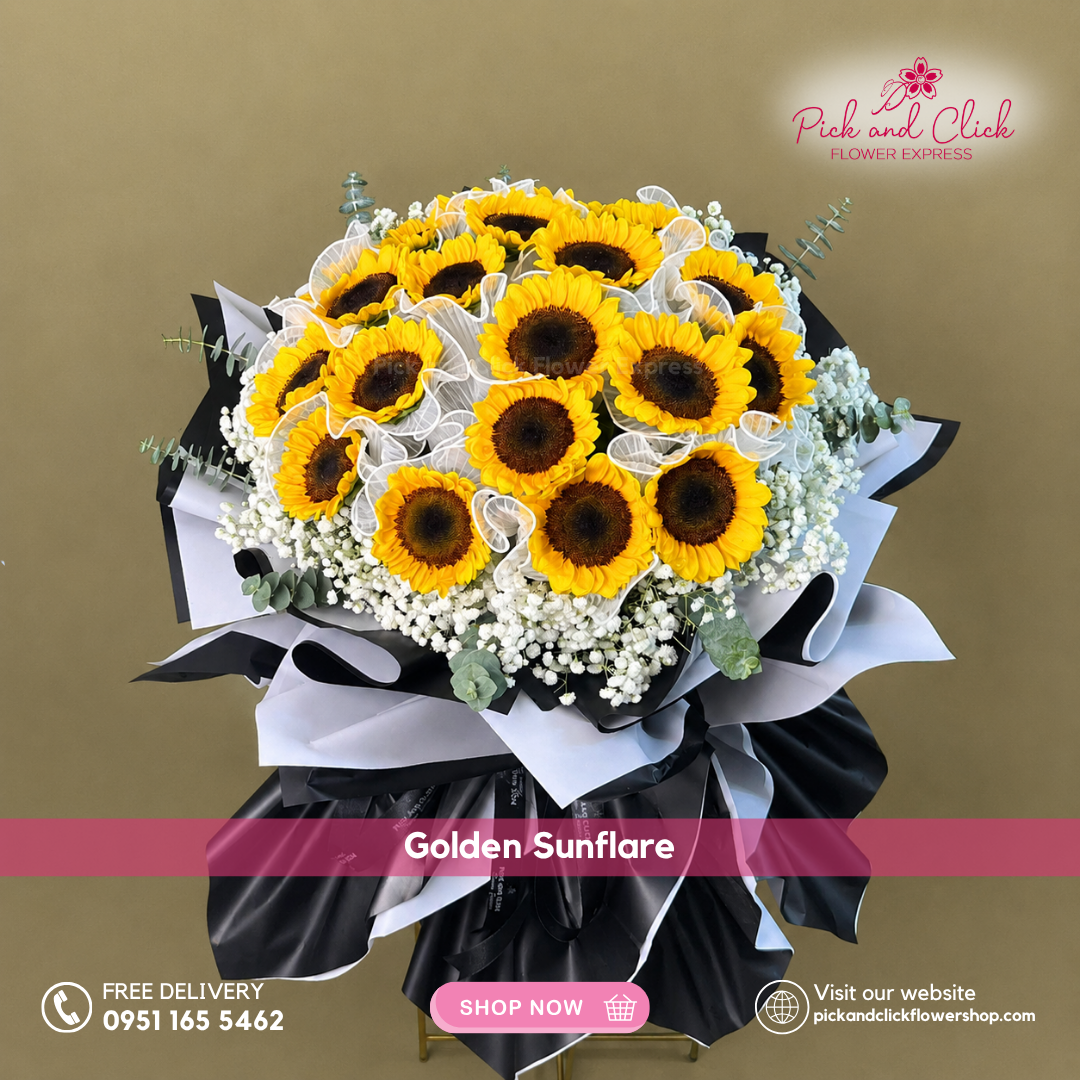 Golden Sunflare Big Bouquet featuring bright sunflowers accented with delicate gypsophila and fresh eucalyptus, a vibrant and cheerful floral arrangement perfect for birthdays, celebrations, and special occasions in the Philippines.