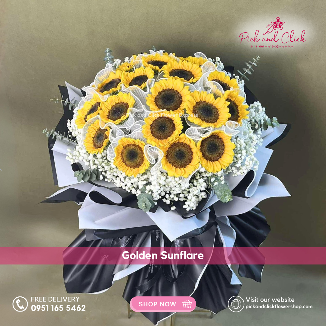 Golden Sunflare Big Bouquet featuring bright sunflowers accented with delicate gypsophila and fresh eucalyptus, a vibrant and cheerful floral arrangement perfect for birthdays, celebrations, and special occasions in the Philippines.