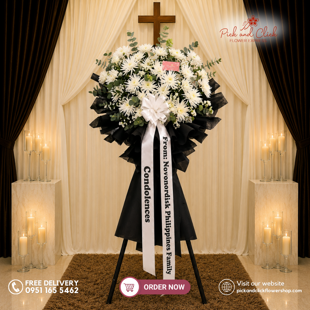 Graceful Departure 2 Funeral Stand featuring Chrysanthemums, Gypsophila, and Eucalyptus in a graceful white and green funeral tribute in the Philippines.