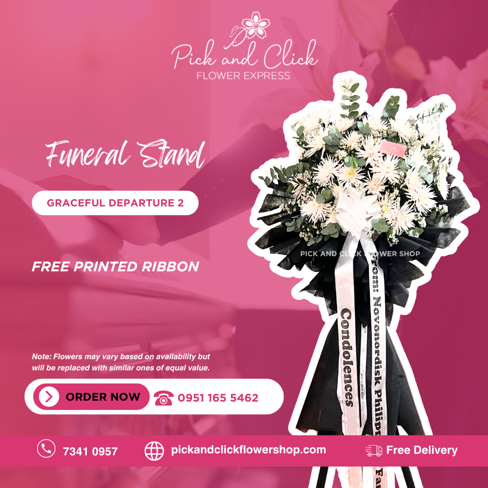 Graceful Departure 2 Funeral Stand featuring anastasia flowers, aster, and fresh eucalyptus, a serene and elegant sympathy floral arrangement designed as a respectful tribute for funerals and memorial services in the Philippines.