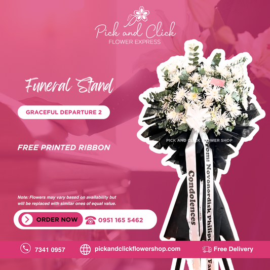 Graceful Departure 2 Funeral Stand featuring anastasia flowers, aster, and fresh eucalyptus, a serene and elegant sympathy floral arrangement designed as a respectful tribute for funerals and memorial services in the Philippines.