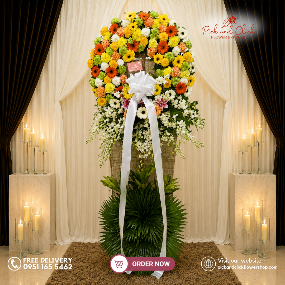 Graceful Farewell Funeral Stand featuring assorted color Wonder White Chrysanthemums, Gerberas, Carnations, Double-Petal Pink Stargazers, Orchids, Anahaw, and Greenline Leaves in a colorful funeral tribute in the Philippines.