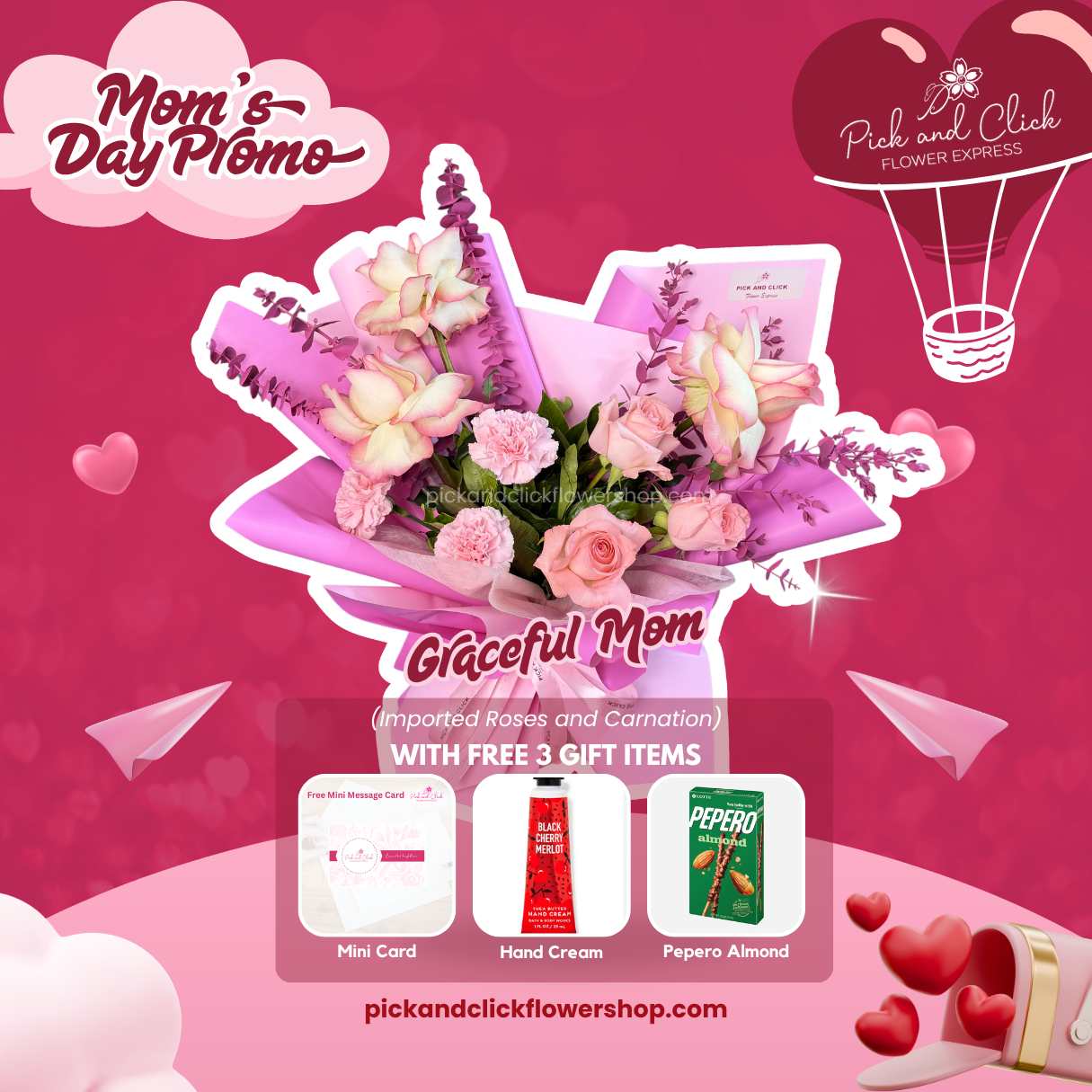 Graceful Mom bouquet featuring imported light pink and two-tone pink roses, light pink carnations, pink-sprayed parvi leaves, and eucalyptus with free mini card, hand cream, and Pepero Almond as a Mother’s Day gift.