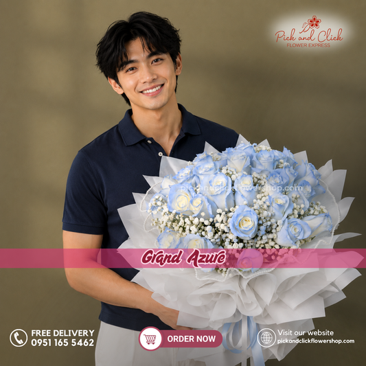 Grand Azure Bouquet featuring blue sprayed white roses accented with delicate gypsophila, arranged in an elegant floral design with azure blue and soft white tones, a sophisticated and luxurious bouquet perfect for birthdays, anniversaries, celebrations, weddings, and special occasions in the Philippines.