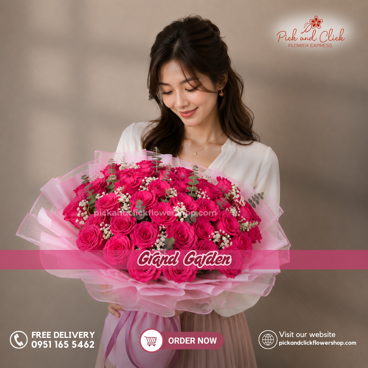 Grand Garden Bouquet featuring 50 premium Ecuadorian fuchsia pink roses accented with delicate gypsophila and fresh eucalyptus, arranged in an elegant floral design with vibrant fuchsia pink blooms, soft white accents, and fresh green foliage, a luxurious statement bouquet perfect for birthdays, anniversaries, Mother's Day, grand celebrations, and special occasions in the Philippines.
