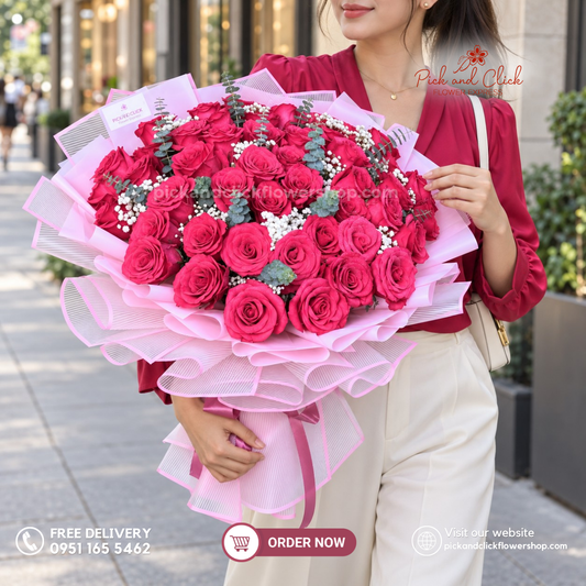 Grand Garden Bouquet featuring 50 premium imported fuchsia pink china roses accented with delicate gypsophila and fresh eucalyptus, arranged in an elegant floral design with vibrant fuchsia pink blooms, soft white accents, and fresh green foliage, a luxurious statement bouquet perfect for birthdays, anniversaries, Mother's Day, grand celebrations, and special occasions in the Philippines.