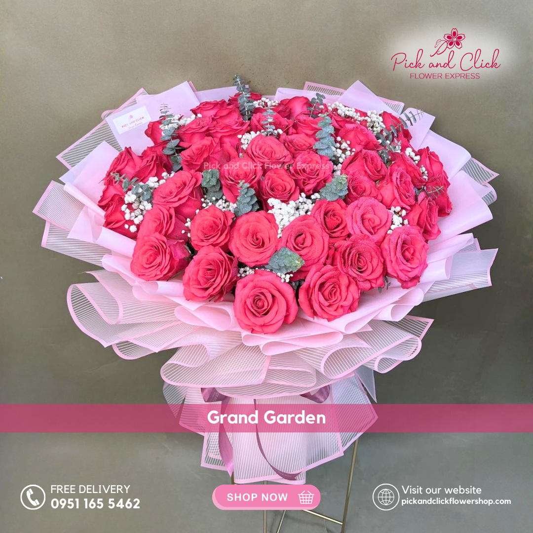 Grand Garden Bouquet featuring fuchsia pink Ecuadorian roses accented with delicate gypsophila and fresh eucalyptus, a vibrant and elegant floral arrangement perfect for romantic gifts, birthdays, anniversaries, and special occasions in the Philippines.