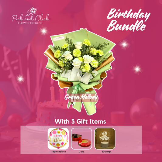 Bouquet of imported white rose, green carnation, and parvy leaves in green and golden brown two-tone wrap — elegant and nature-inspired gift