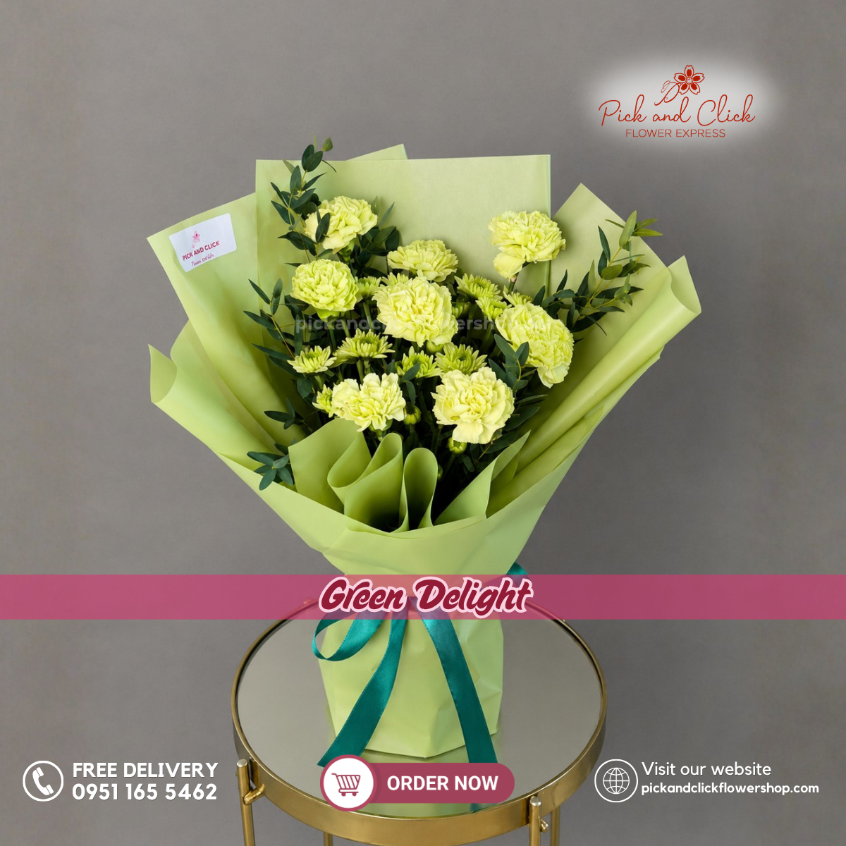 Green Delight Bouquet featuring 8 Green Carnations, Green Mums, and Parvi Leaves in a fresh all-green flower arrangement in the Philippines.