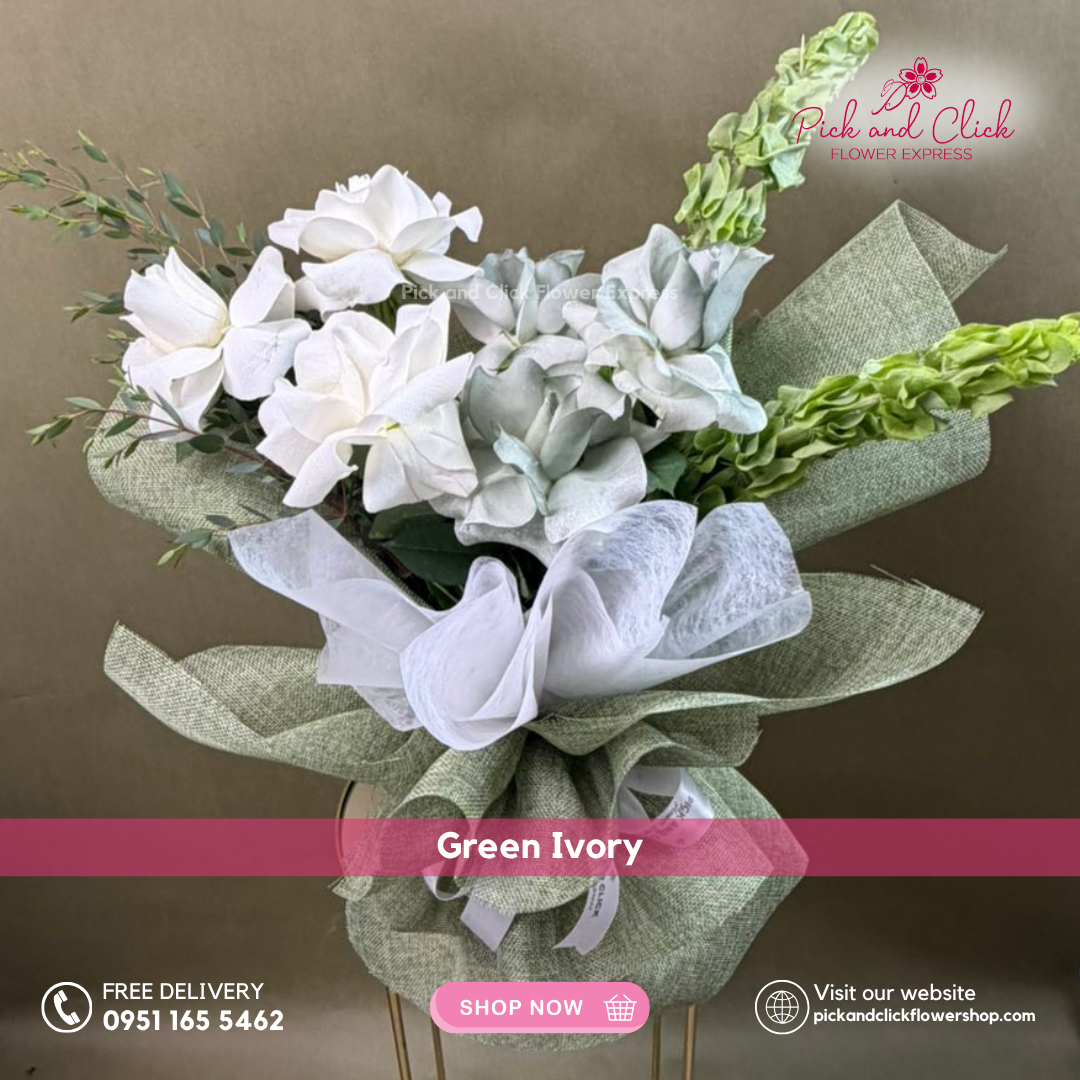 White rose, green-sprayed rose, Bells of Ireland, and Parvi leaves bouquet in Korean linen wrap – Metro Manila flower delivery