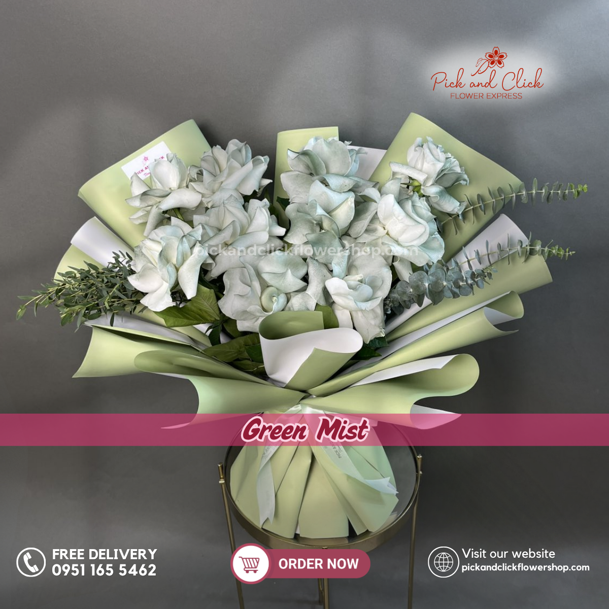 Green Mist Bouquet featuring green sprayed imported white roses accented with fresh parvi leaves and eucalyptus, arranged in a modern and elegant floral design, a unique bouquet perfect for birthdays, celebrations, corporate gifting, and special occasions in the Philippines.