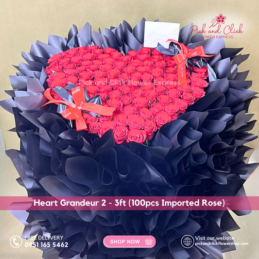 Heart Grandeur Bouquet featuring an imported red rose arranged in a simple and elegant floral design, a timeless romantic bouquet perfect for anniversaries, proposals, and special occasions in the Philippines.
