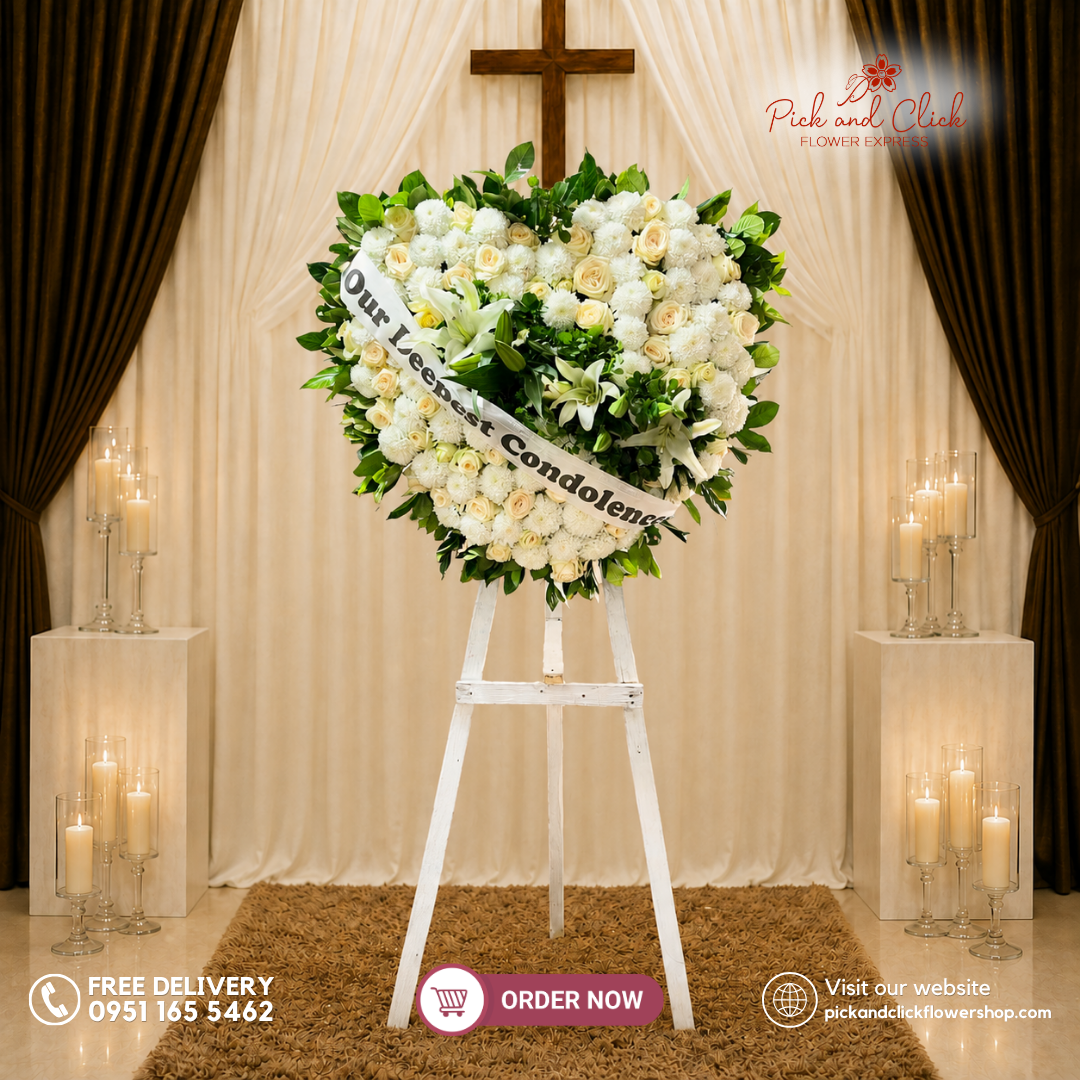 Heart of Memories Funeral Stand featuring Wonder White Chrysanthemums, Peach Roses, White Stargazers, Sinamomo, and Rosal in a graceful funeral tribute in the Philippines.