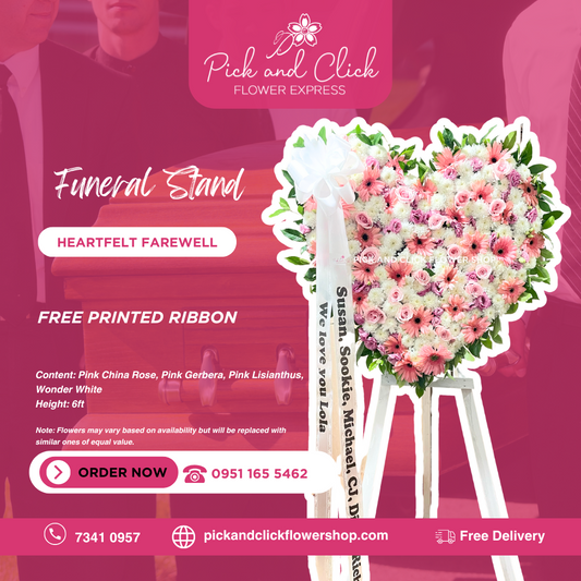 Heart-shaped funeral flower stand with pink China roses, gerbera, lisianthus, and wonder white