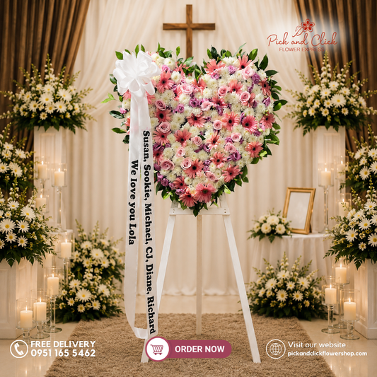 Heartfelt Farewell Funeral Stand featuring Wonder White Chrysanthemums, Pink Gerberas, Imported Light Pink Roses, Pink Lisianthus, and Rosal in an elegant heart-shaped sympathy flower arrangement for funeral services, memorial tributes, and condolences in Metro Manila, Philippines.