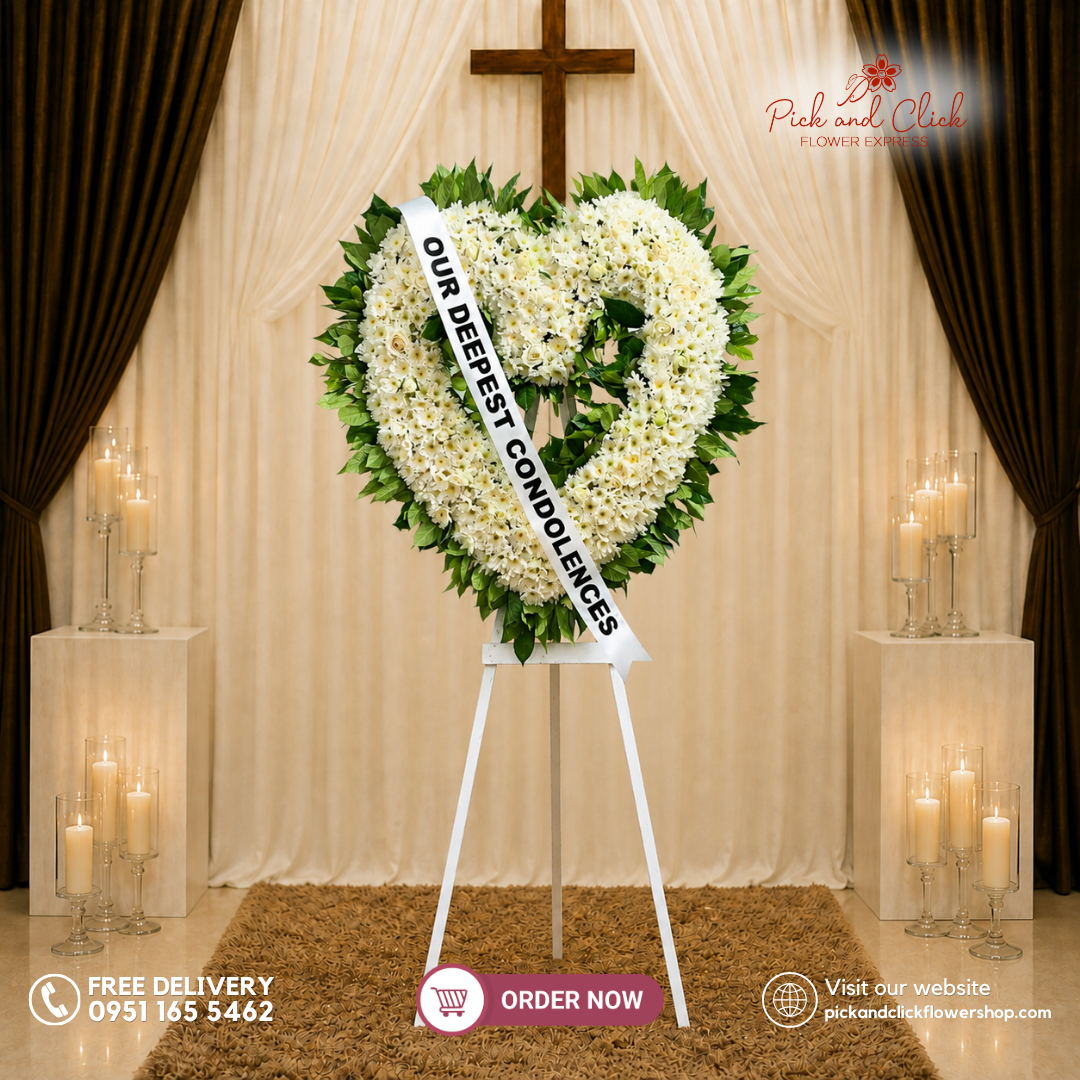 Heartfelt Sympathy Funeral Stand featuring Radus and Rosal in a simple and elegant funeral tribute arrangement in the Philippines.