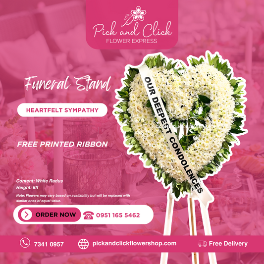 Heartfelt Sympathy Funeral Stand featuring white radus and rosal flowers, a simple yet elegant sympathy floral arrangement designed as a respectful tribute for funerals and memorial services in the Philippines.