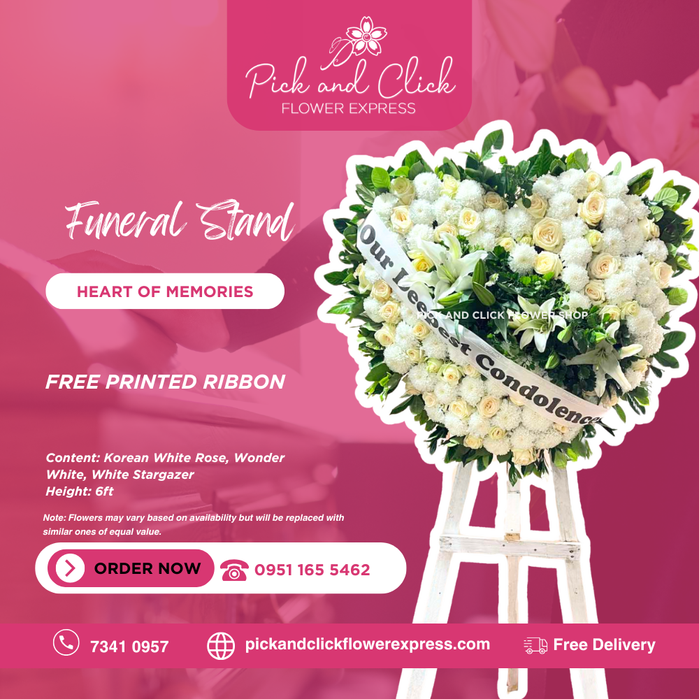 Heart-shaped funeral flower stand with Korean white roses, wonder white, and white stargazers