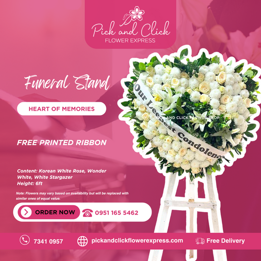 Heart-shaped funeral flower stand with Korean white roses, wonder white, and white stargazers