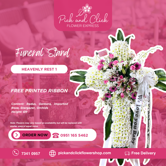 Cross-shaped funeral stand bouquet featuring imported roses, stargazer lilies, orchids, and gerbera in a white and pastel arrangement