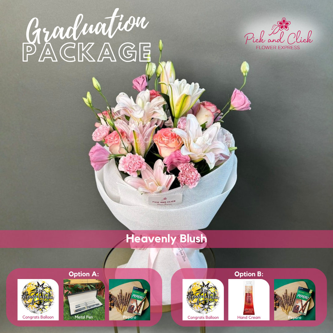 Heavenly Blush Graduation Pack featuring double petal pink stargazer lilies, two tone pink roses, light pink carnations, and pink lisianthus, arranged with graduation gift add ons, a soft and luxurious floral arrangement perfect for graduation ceremonies, achievements, and memorable celebrations in the Philippines.
