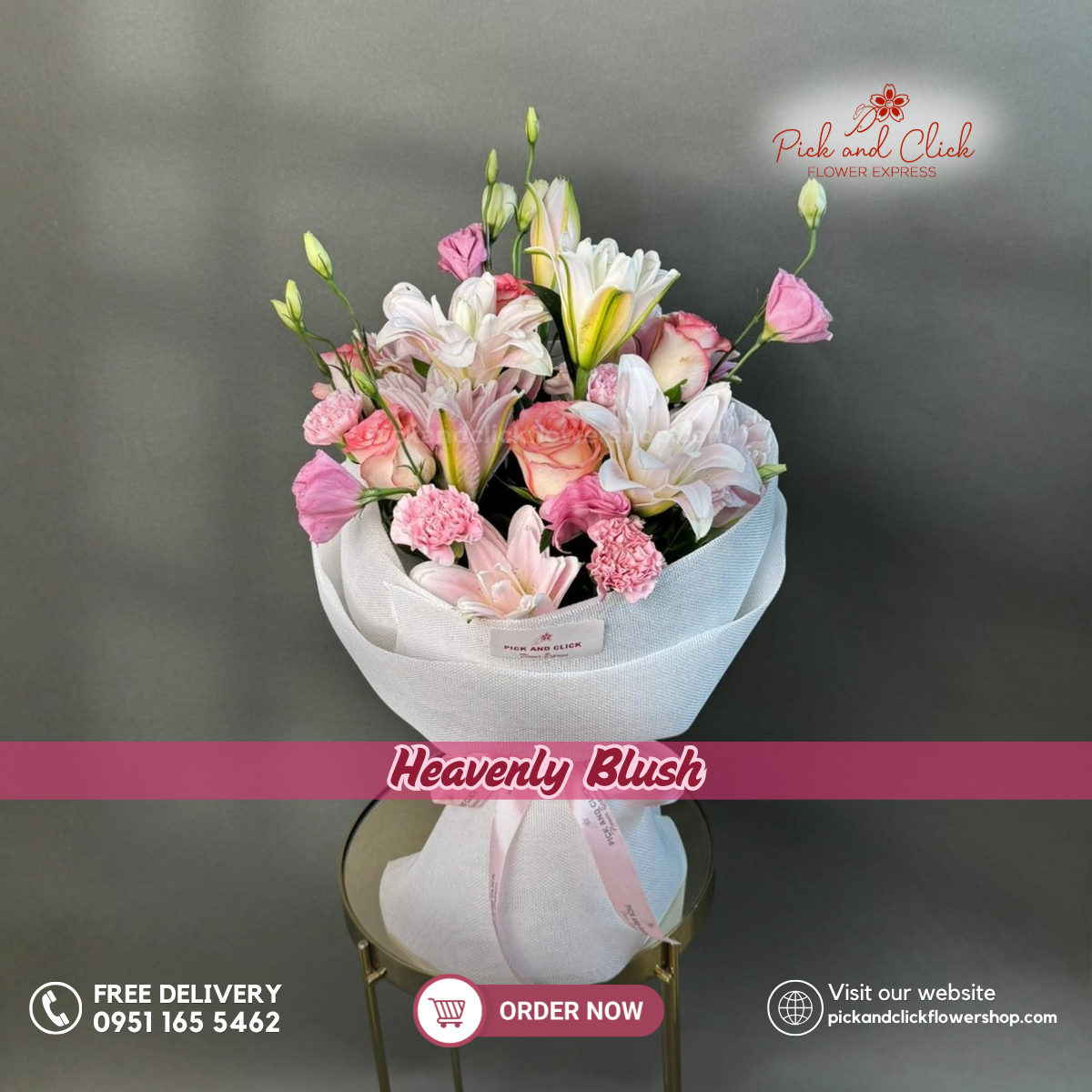 Heavenly Blush Bouquet featuring two tone pink roses, double petal pink stargazer lilies, light pink carnations, and pink lisianthus arranged in an elegant floral design, a soft and luxurious bouquet perfect for birthdays, anniversaries, celebrations, and special occasions in the Philippines.