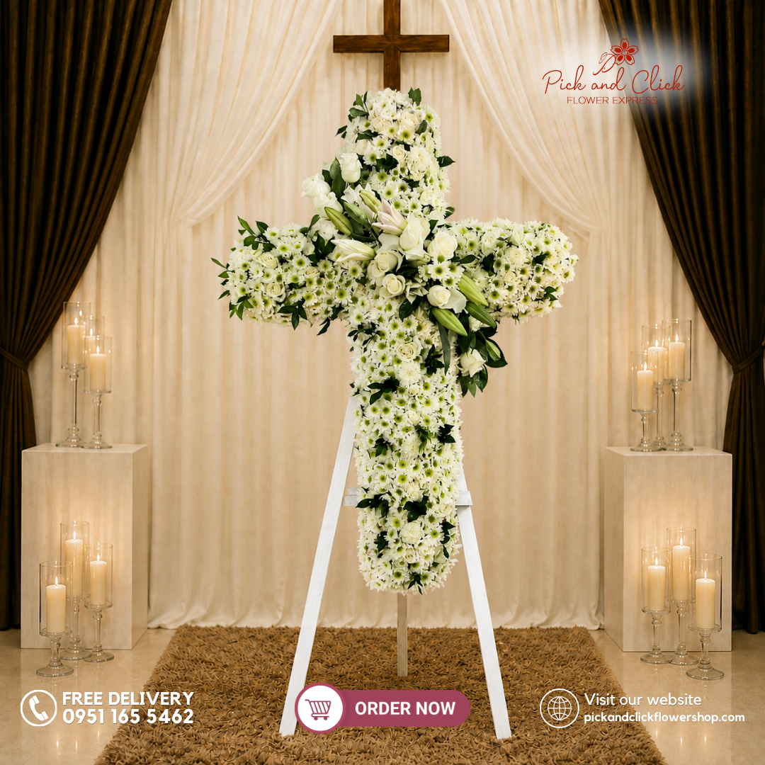 Heavenly Rest 2 Funeral Stand featuring White Roses, White Stargazers, Radus, and Rosal in an elegant white funeral floral tribute in the Philippines.