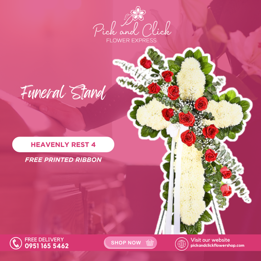 Heavenly Rest 4 funeral stand featuring sunlight flowers, imported red roses, anthurium, gypsophila, and eucalyptus arranged in a dignified standing floral tribute for sympathy and remembrance.
